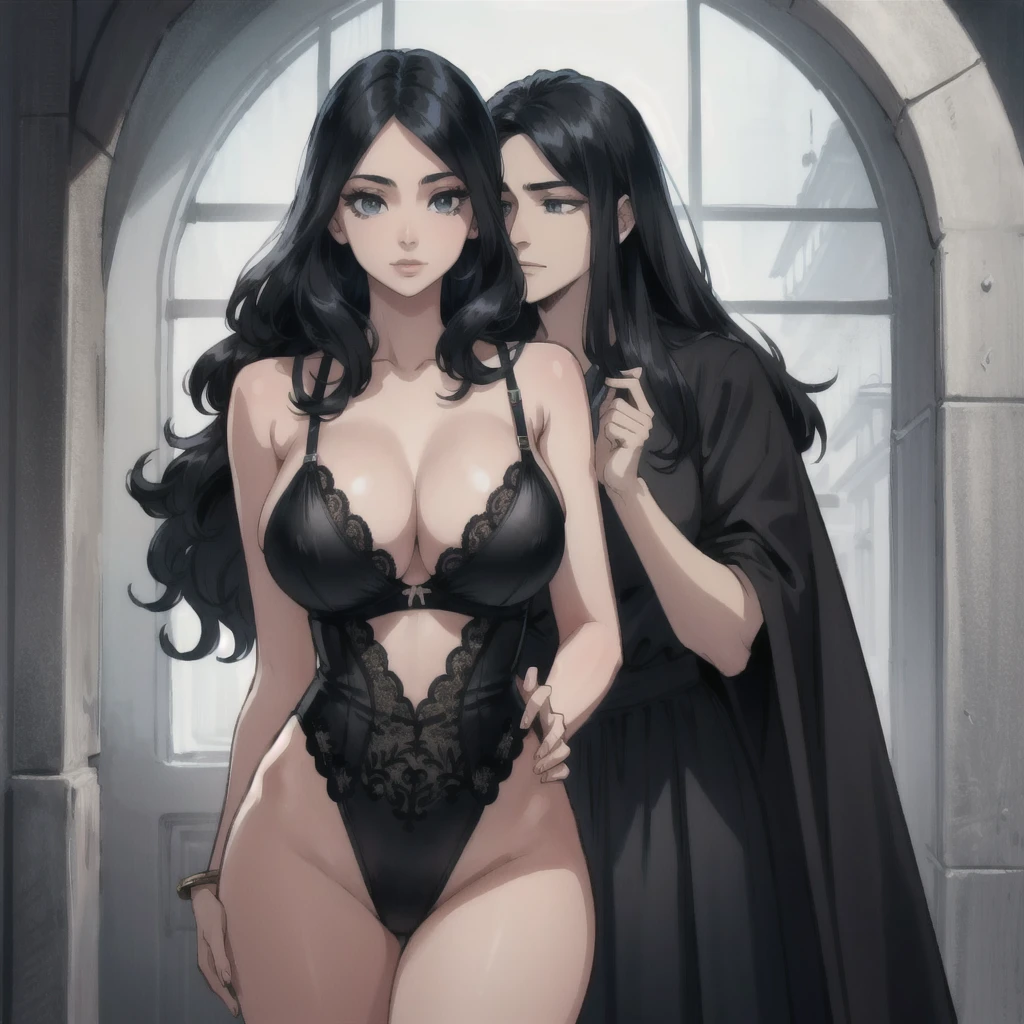 Beautiful woman, black long hair, black lingerie, big breast, standing, eye contact, seductive, melkor mancin