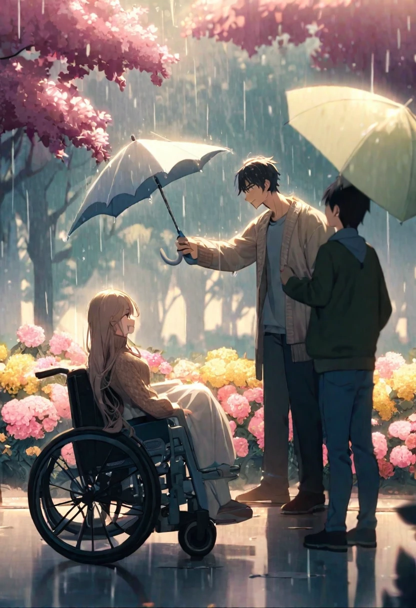 A heartwarming scene depicting a young man standing next to a girl sitting in a wheelchair. The young man is holding an umbrella over the girl's head, protecting her from the rain. Both of them are smiling warmly, exuding a sense of care and compassion. The background shows a rainy day in a beautiful park with trees and flowers, adding a serene and peaceful atmosphere to the scene. The girl in the wheelchair is dressed in a cozy sweater and has a blanket over her lap, while the young man is casually dressed in a jacket and jeans.