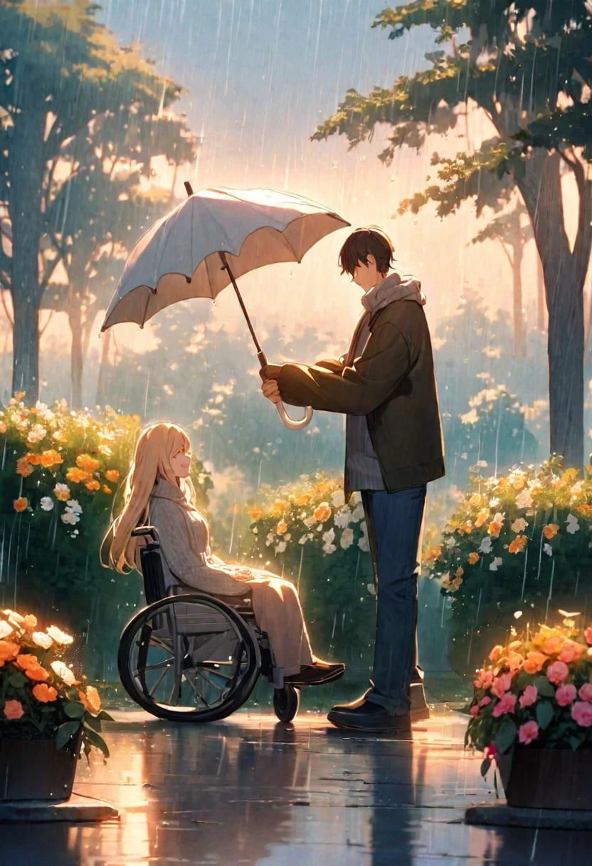 A heartwarming scene depicting a young man standing next to a girl sitting in a wheelchair. The young man is holding an umbrella over the girl's head, protecting her from the rain. Both of them are smiling warmly, exuding a sense of care and compassion. The background shows a rainy day in a beautiful park with trees and flowers, adding a serene and peaceful atmosphere to the scene. The girl in the wheelchair is dressed in a cozy sweater and has a blanket over her lap, while the young man is casually dressed in a jacket and jeans.