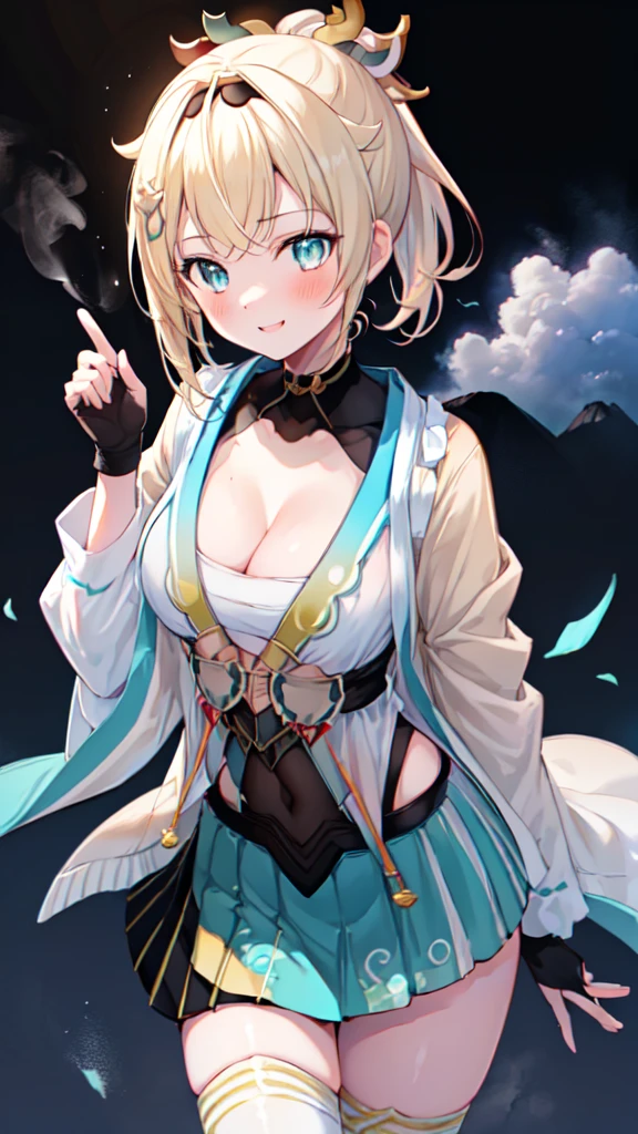 (masterpiece), 8K CG, Stunningly beautiful girl, Intricate details, chromatic aberration, ((Bust Shot)), ((View your viewers)), One girl, kazama iroha, (IrohaBase, Blonde, hair ornaments, hair band, sarashi, Haori, Covered navel, Black gloves, Pleated skirt, Green Skirt, White knee socks, Cleavage), dynamic, A very beautiful and delicate portrait, Cute face, Big smile, Joyful, Soft Cheeks, blush, compensate, Absurd, Cinema Lighting, Dynamic Lighting, Fantasy, ((Dark Background, fog))