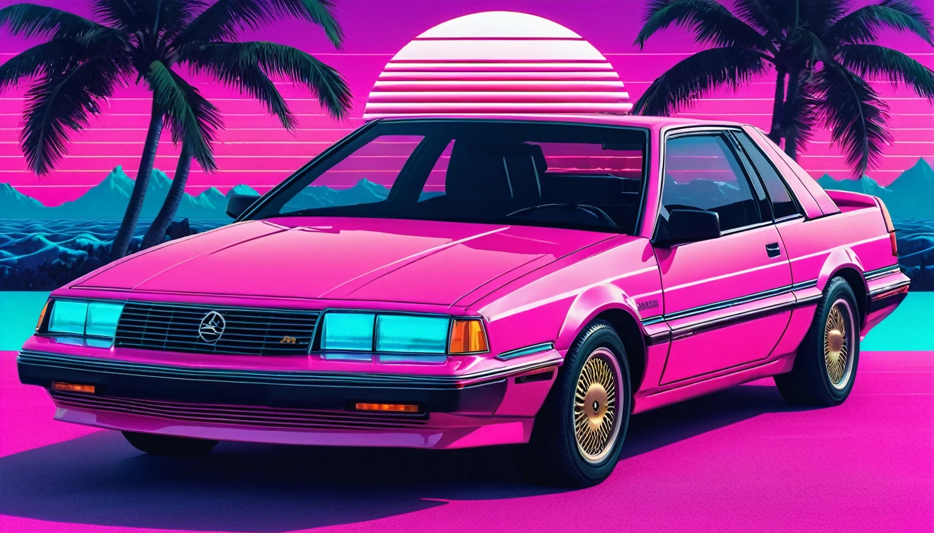 (Vaporwave Aesthetic:1.8), Beautiful vaporwave aesthetics in artwork, 80s, Miami 1985 synthwave car