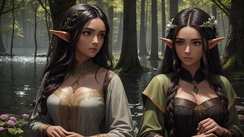 (human man with dark brown skin color and green eyes and dark hair), (Elf woman with black hair and grey eyes), (Details of flowers and roots on their bodies), Man And Woman, a couple next to each other with their hands close in a forest with a lake in the background, highest quality, 4K, 8K, unreal engine, RPG-Character, Illustration, extremely detailed, professional details, first work, illustrative characters, artistry.