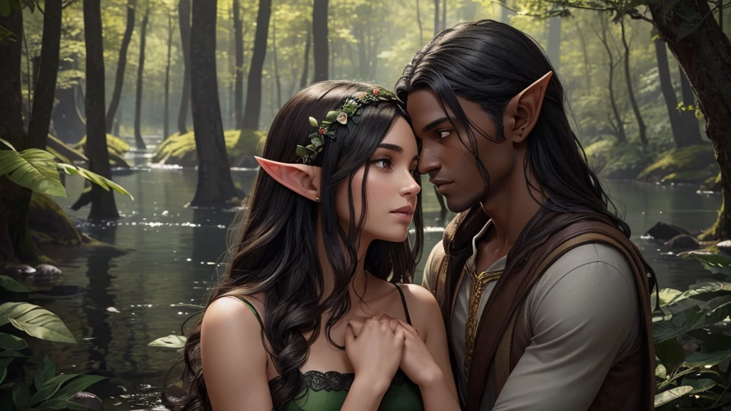 (human man with dark brown skin color and green eyes and dark hair), (Elf woman with black hair and grey eyes), (Details of flowers and roots on their bodies), Man And Woman, a couple next to each other with their hands close in a forest with a lake in the background, highest quality, 4K, 8K, unreal engine, RPG-Character, Illustration, extremely detailed, professional details, first work, illustrative characters, artistry.