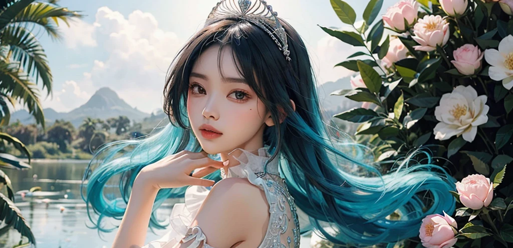 Gambar HD 16k: Wanita cantik rambut pendek hitam cyan, menatap keluar jendela, gaun, cahaya matahari pagi, cerah damai penuh harapan. Wajah jelas ekspresif, rambut rapi natural, gaun terang flowy, cahaya matahari diagonal bayangan dramatis. Pemandangan luar jendela pepohonan bunga kota ramai. Mata biru bibir merah muda tersenyum tipis, rambut bob rapi jepit cyan, gaun sutra putih halus mengalir, efek halo indah, taman bunga cerah, 3D, rambut seperti keluar dari layar.