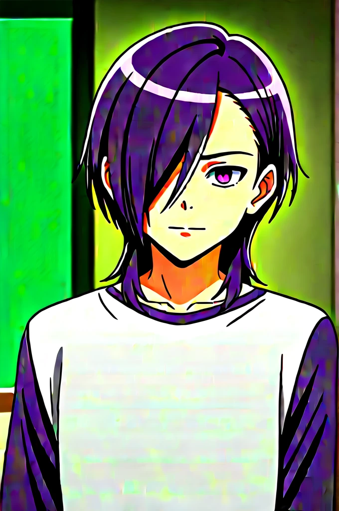score_9, score_8_up, score_7_up, source_anime, rating_safe, , anime screencap, , , looking at viewer, depth of field, 1boy, solo, male focus, hanzou_urushihara, purple hair, purple eyes, hair over one eye, long hair, , asymmetrical, floating island, indoors, dark, dynamic pose, laughing, ,