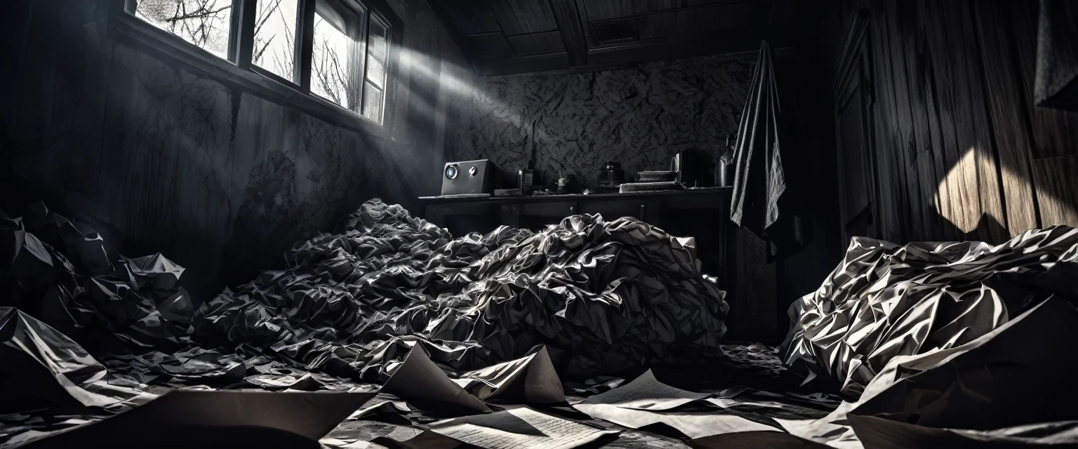 a crumpled paper, horror thriller ambience, HDR, moody dark palette colors, intricate detailed textures, dramatic lighting, photorealistic, cinematic composition, atmospheric, eerie, dark moody lighting, high contrast, dramatic shadows, detailed paper creases and folds, cinematic camera angle, grungy, unsettling atmosphere, horror elements, ominous presence