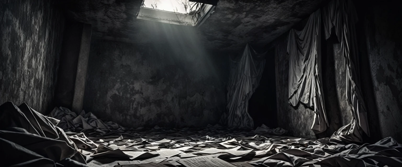 a crumpled paper, horror thriller ambience, HDR, moody dark palette colors, intricate detailed textures, dramatic lighting, photorealistic, cinematic composition, atmospheric, eerie, dark moody lighting, high contrast, dramatic shadows, detailed paper creases and folds, cinematic camera angle, grungy, unsettling atmosphere, horror elements, ominous presence