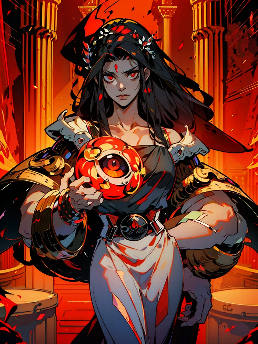 1girl, alone, 25 years old, young, black hair, red eyes, insister sur les reflets des yeux rouges, cheveux noirs, long hair, boss, black outfit, black clothes, frowning, hades style, hades game, Jen zee style, greek themed image, greek background, thanatos, tartarus scenery, fumes, greek columns in background, lots of columns, greek architecture, white themed image, white furniture, red touches of color, orange walls, looking at viewer, holding the stygian blade hades game wiki, hades, game, wiki, obols, stygius