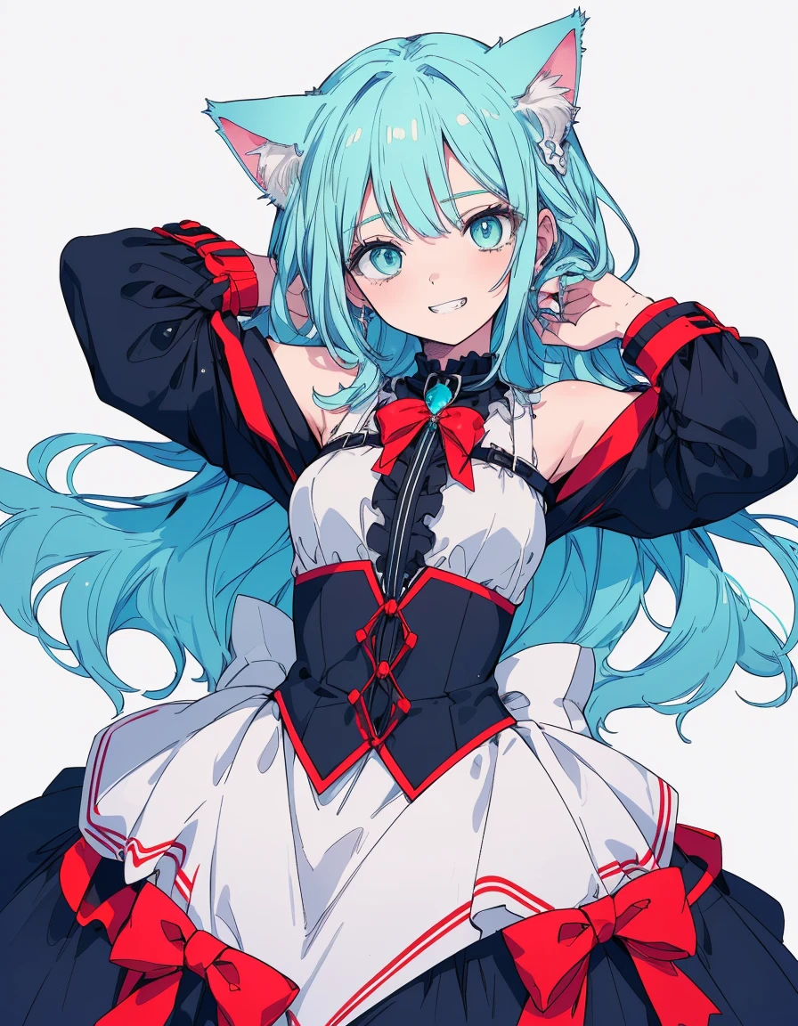 grin, arms behind head, fullbody, ((masterpiece, best quality:1.5)), ((Beautiful detailed cat aqua eyes:1.2)), cat ears, pale skin, small breasts, beautiful hands, beautiful fingers, EasyNegative