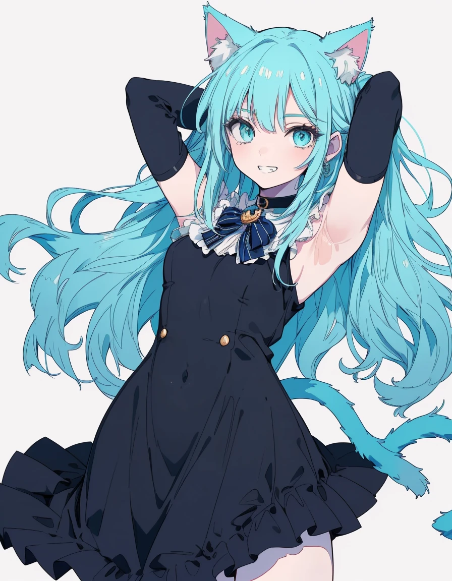 grin, arms behind head, fullbody, ((masterpiece, best quality:1.5)), ((Beautiful detailed cat aqua eyes:1.2)), cat ears, pale skin, small breasts, beautiful hands, beautiful fingers, EasyNegative