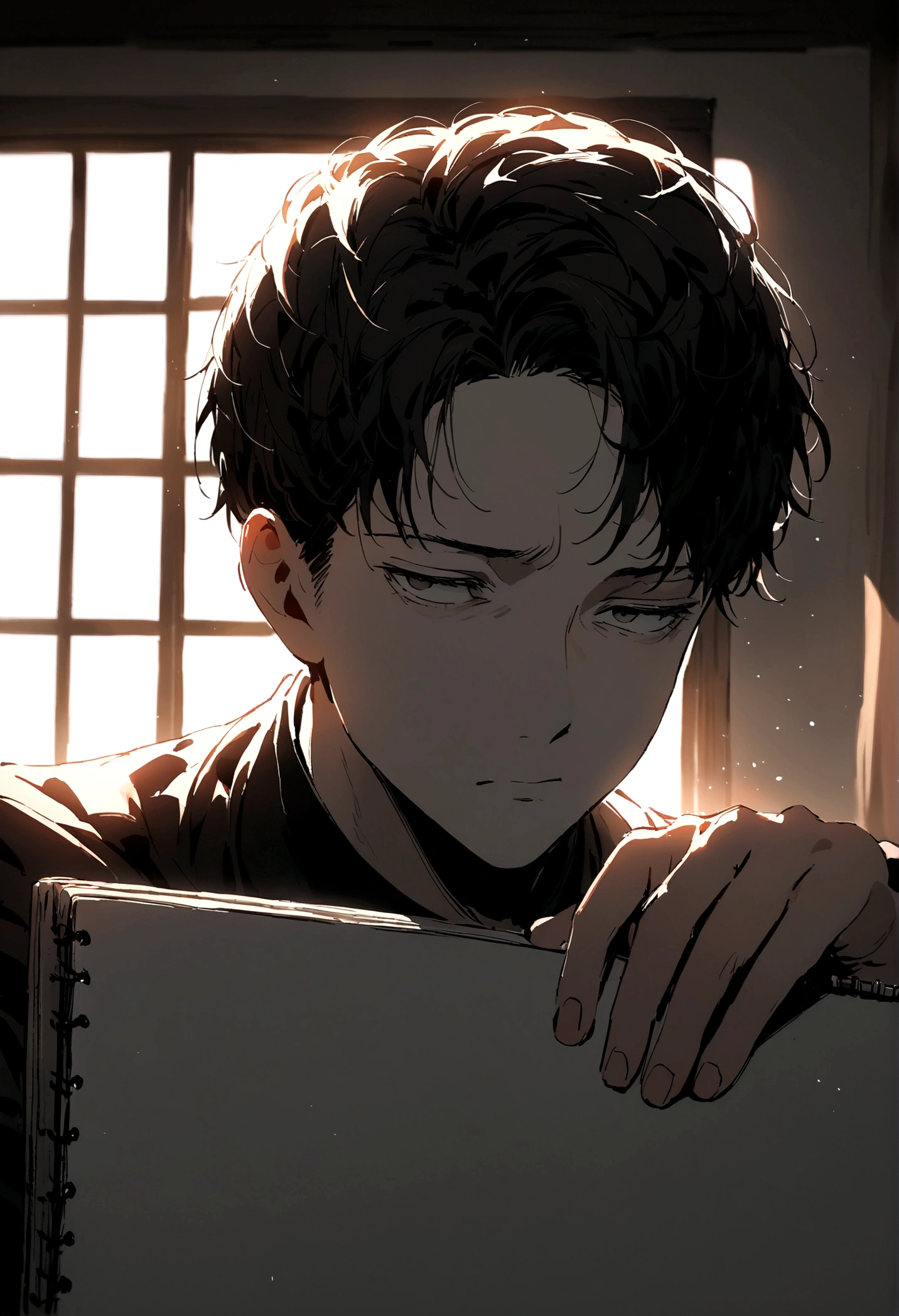 Have Levi hold an open white sketchbook and point at it with his finger as if he is explaining something. Make his face face the camera and the notebook is also clear and there is a window behind it.