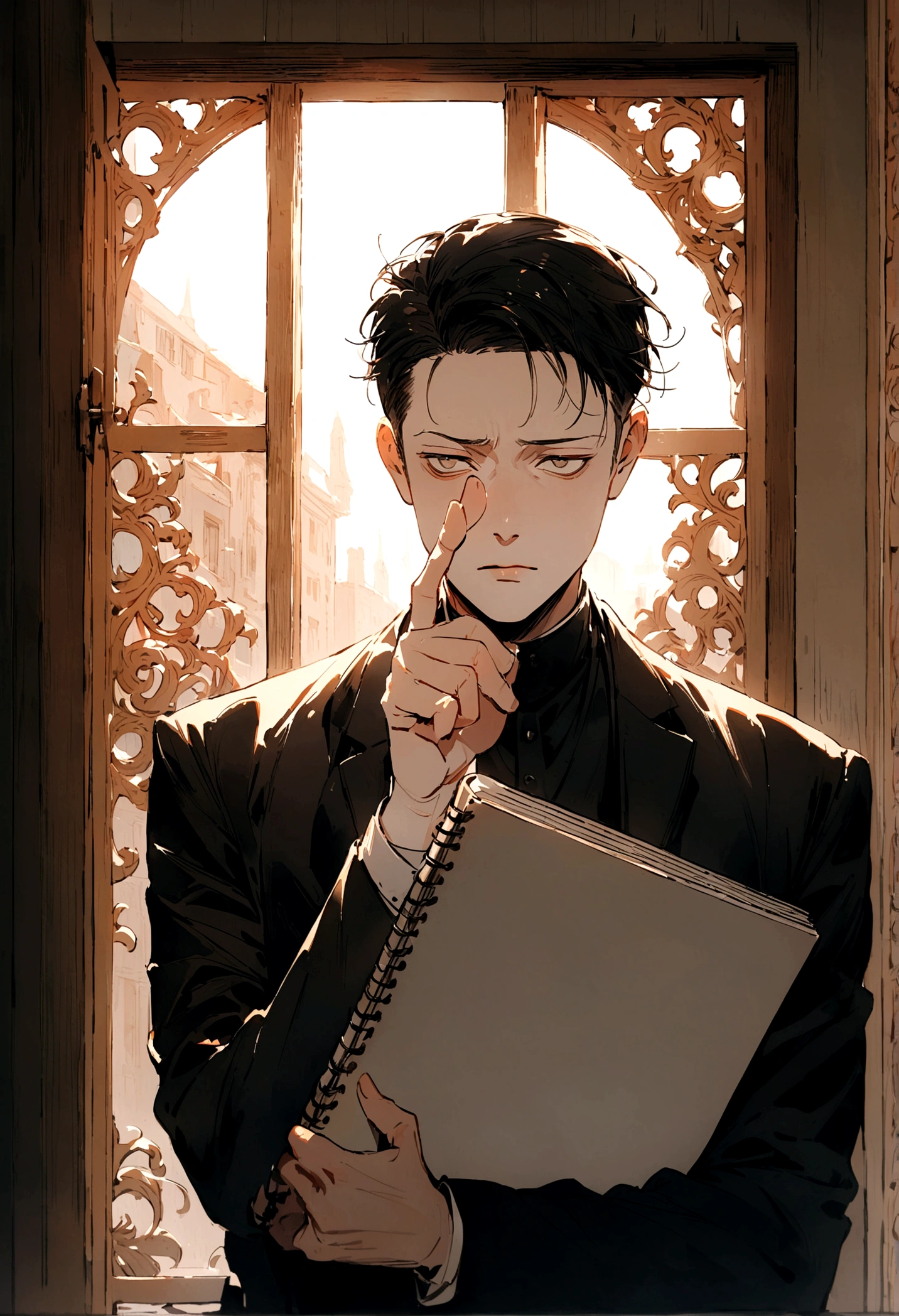Have Levi hold an open white sketchbook and point at it with his finger as if he is explaining something. Make his face face the camera and the notebook is also clear and there is a window behind it.