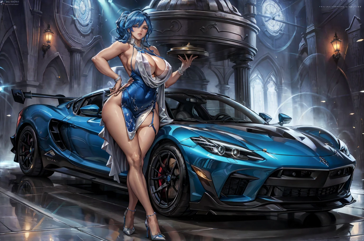 St. Louis Luxury Wheel:1.2, 1 very beautiful girl with bountiful assets, (wearing sensual almost see-through party dress with many jewelries), wearing stilletto heels,standing sensually, BREAK, St. Louis Azure Lane Luxury Wheel splashart, face & body focus, sports car, super car bitch, made to impress with details, 