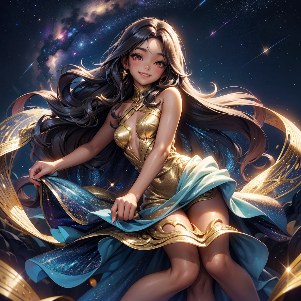 Woman with very long wavy dark hair tan skin wearing a beautiful  glitter dress and smiling up. Little, surrounded by the night sky and galaxies