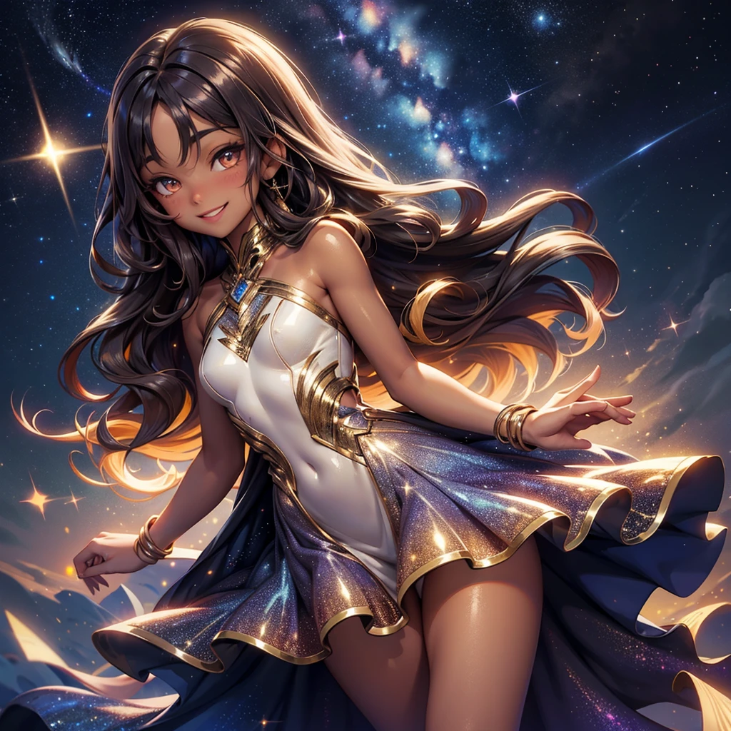 Woman with very long wavy dark hair tan skin wearing a beautiful  glitter dress and smiling up. Little, surrounded by the night sky and galaxies