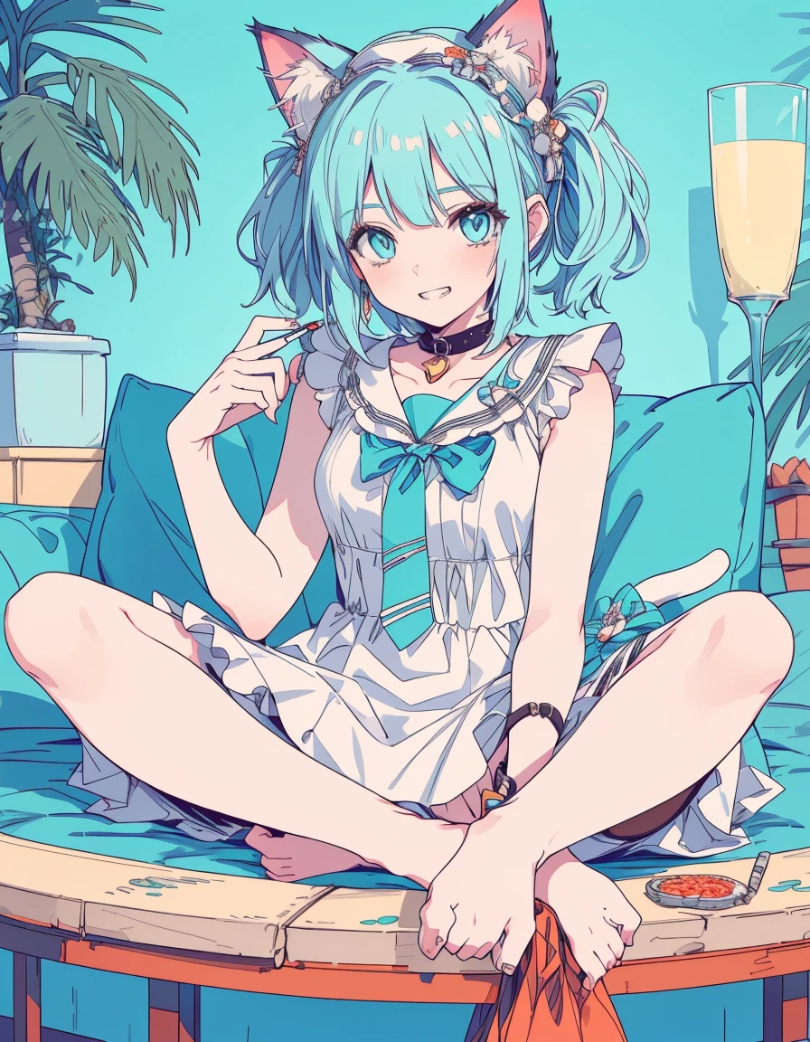 grin, indian style, fullbody, ((masterpiece, best quality:1.5)), ((Beautiful detailed cat aqua eyes:1.2)), cat ears, pale skin, small breasts, beautiful hands, beautiful fingers, EasyNegative