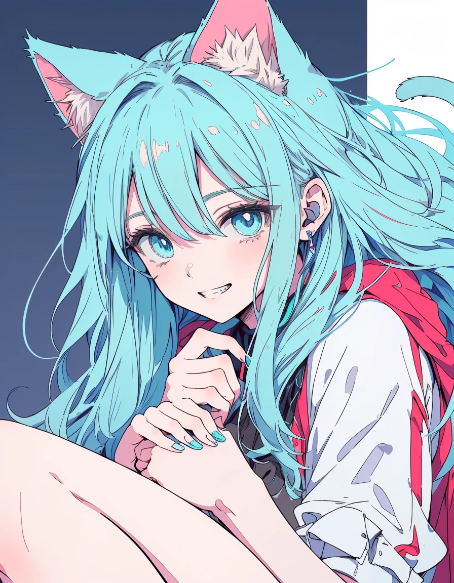 grin, indian style, fullbody, ((masterpiece, best quality:1.5)), ((Beautiful detailed cat aqua eyes:1.2)), cat ears, pale skin, small breasts, beautiful hands, beautiful fingers, EasyNegative