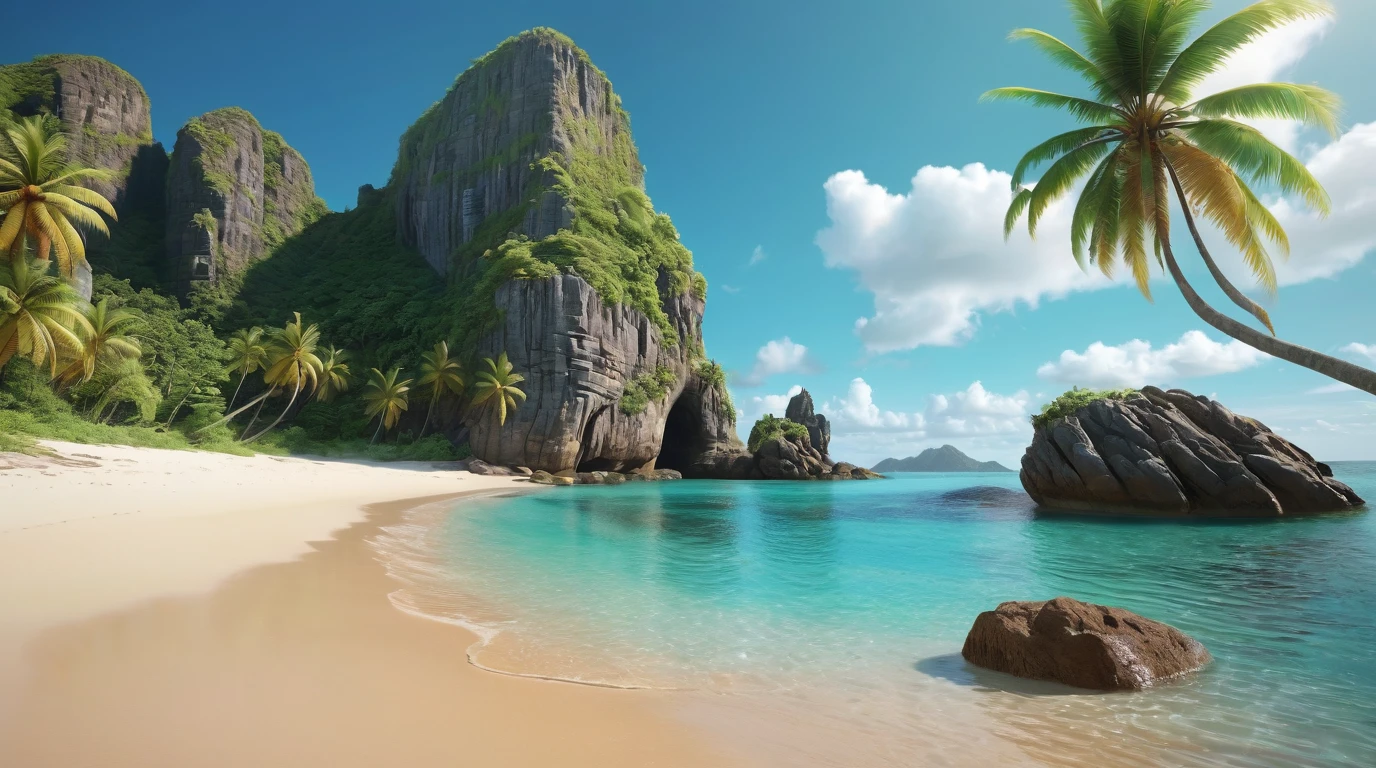detailed tropical paradise, idyllic beach, crystal clear turquoise waters, swaying palm trees, lush green foliage, stunning rock formations, golden sand, warm sunlight, photorealistic, hyper detailed, vivid colors, natural lighting, serene atmosphere, cinematic composition, dramatic angles, masterpiece, (best quality,4k,8k,highres,masterpiece:1.2),ultra-detailed,(realistic,photorealistic,photo-realistic:1.37)