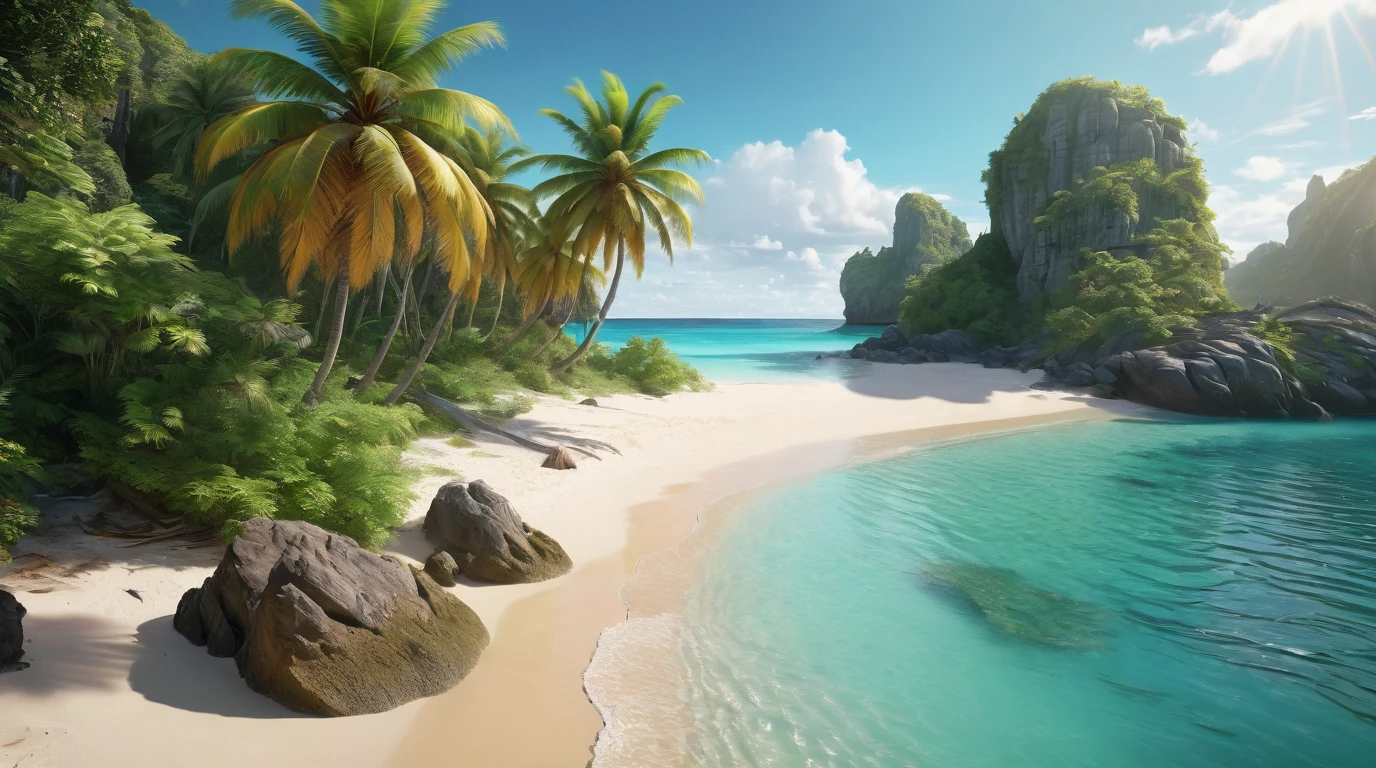 detailed tropical paradise, idyllic beach, crystal clear turquoise waters, swaying palm trees, lush green foliage, stunning rock formations, golden sand, warm sunlight, photorealistic, hyper detailed, vivid colors, natural lighting, serene atmosphere, cinematic composition, dramatic angles, masterpiece, (best quality,4k,8k,highres,masterpiece:1.2),ultra-detailed,(realistic,photorealistic,photo-realistic:1.37)