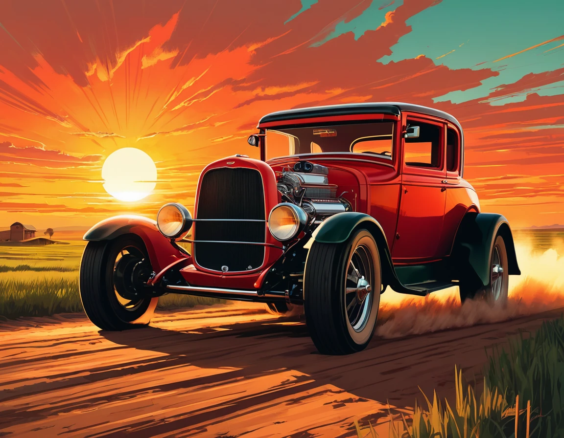 stylized digital art featuring a red Ford T driving down a dusty dirt road through a field during sunset. The sky is painted in warm shades of orange, yellow and red, with the sun low on the horizon. The car is portrayed from the corner, with its shiny red bodywork. Its wheels are classic, with a white stripe, rubberized tire and shiny metal rim that reflects the light of the setting sun. The car's headlights are on. The field is filled with tall grass that sways in the wind. The grass is represented in shades of green and brown, with some lighter areas, which could be an artistic choice to emphasize the intensity of the scene. The overall art style is reminiscent of comic book art, with bold lines and a limited color palette that enhance the dramatic effect of the scene. Art by Dechko Uzunov, highly detailed vector art, Red Dead Redemption art style, at sunset, comic book art, digital Ford T, Martin Ansin, by Evan Charlton, sunset!, by Eddie Mendoza, sunset illustration sun, featured art, digital colorful illustration, (masterpiece), best quality
