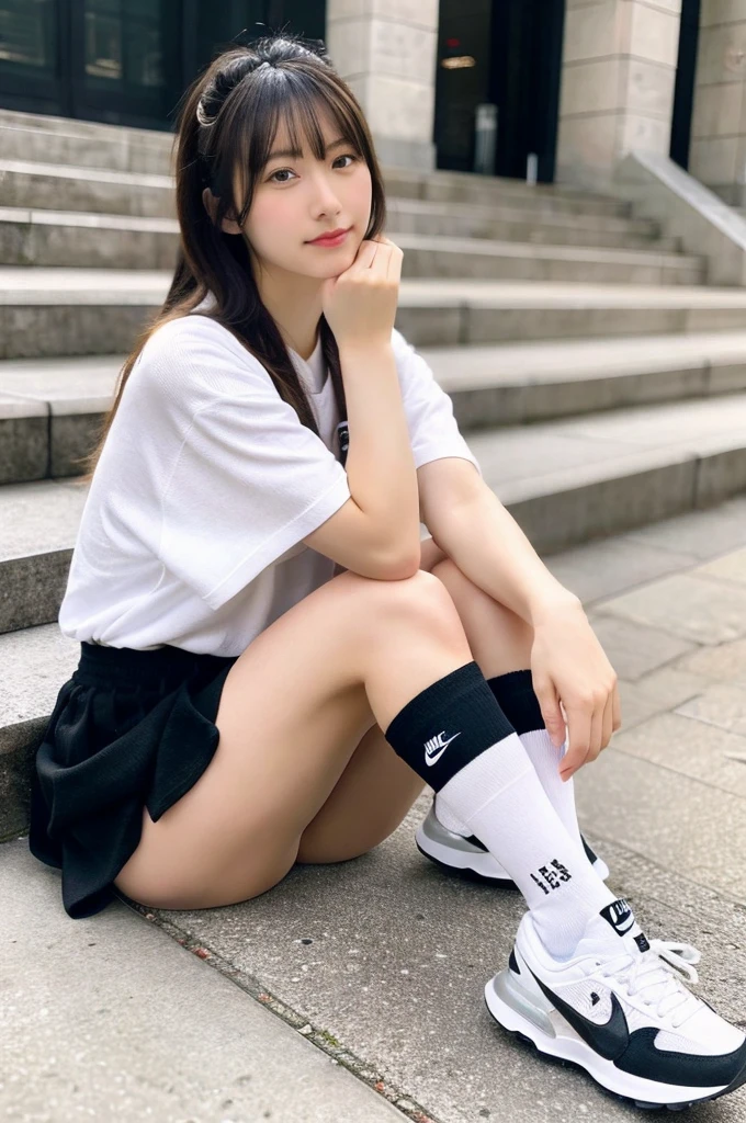 The socks are white thigh-high socks from Nike.。
She was wearing loose white Nike socks.、Accentuated by white knee-length socks featuring the Nike logo。Black Nike logo on socks。There is always one black Nike logo visible on the socks.、Two perfect pairs of legs Both hands are beautiful