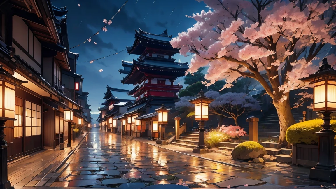 Kyoto、Cobblestones、after the rain、Cherry Blossoms at Night、Fantasy、(Very detailed)