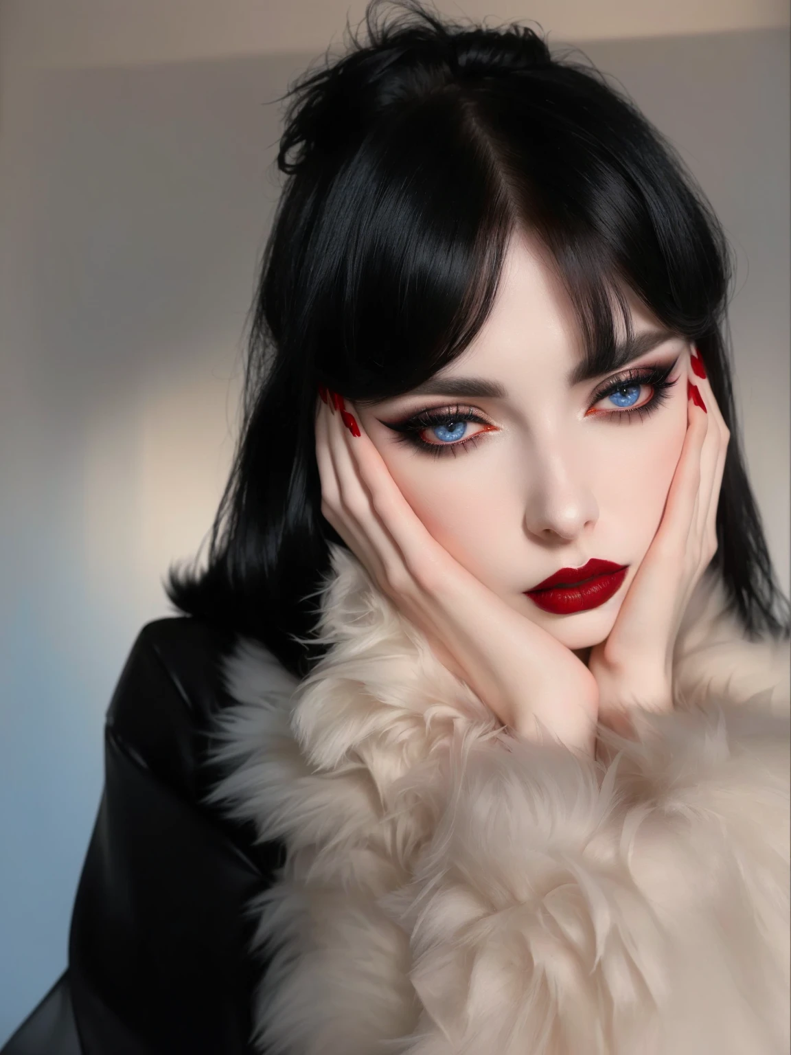 there is a woman in a fur coat and red lipstick, black hair and big eyes, dark hair and makeup, pale skin and dark eyes, pale gothic beauty, gothic girl aesthetic, 8K soft portrait, Sexy face with full makeup, sensual look, gothic girl, with pale skin, dark gothic queen with blue eyes, gothic makeup, dark makeup