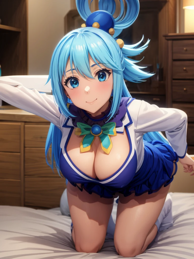 Best Image Quality, 8 k, high quality, masterpiece:1.2), ((masterpiece)), (high detail, high quality, Best Image Quality), solo, 1 girl, Konosuba ,aqua, detailed face, exhilaration, beautiful smile, looks at the viewer, detailed clothing, detailed fabric, Hair rings, bunny suit, false rabbit ears, big breasts, middle thighs, Bedroom, Bed, kneeling on the bed,