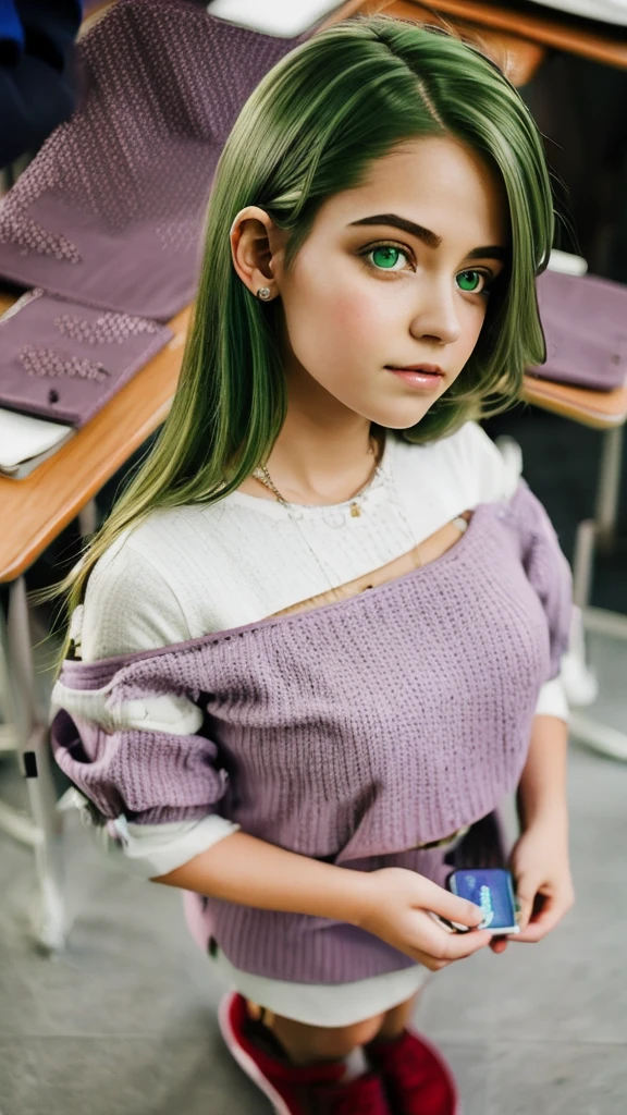 a young girl, big green eyes, round face, small nose, big lips, long purple hair, long eyelashes, pale skin, red cheeks, split chin, Green plaid skirt, long-sleeved white blouse, high socks, school shoes, in class room, in school, more students in class room, naughty face, f/16, Canon, from below, Fujicolor, ray tracing, from above, social media composition, 16k, 8k, highres, best quality, award winning, high quality, high details, super detail, textured skin, anatomically correct, masterpiece, accurate