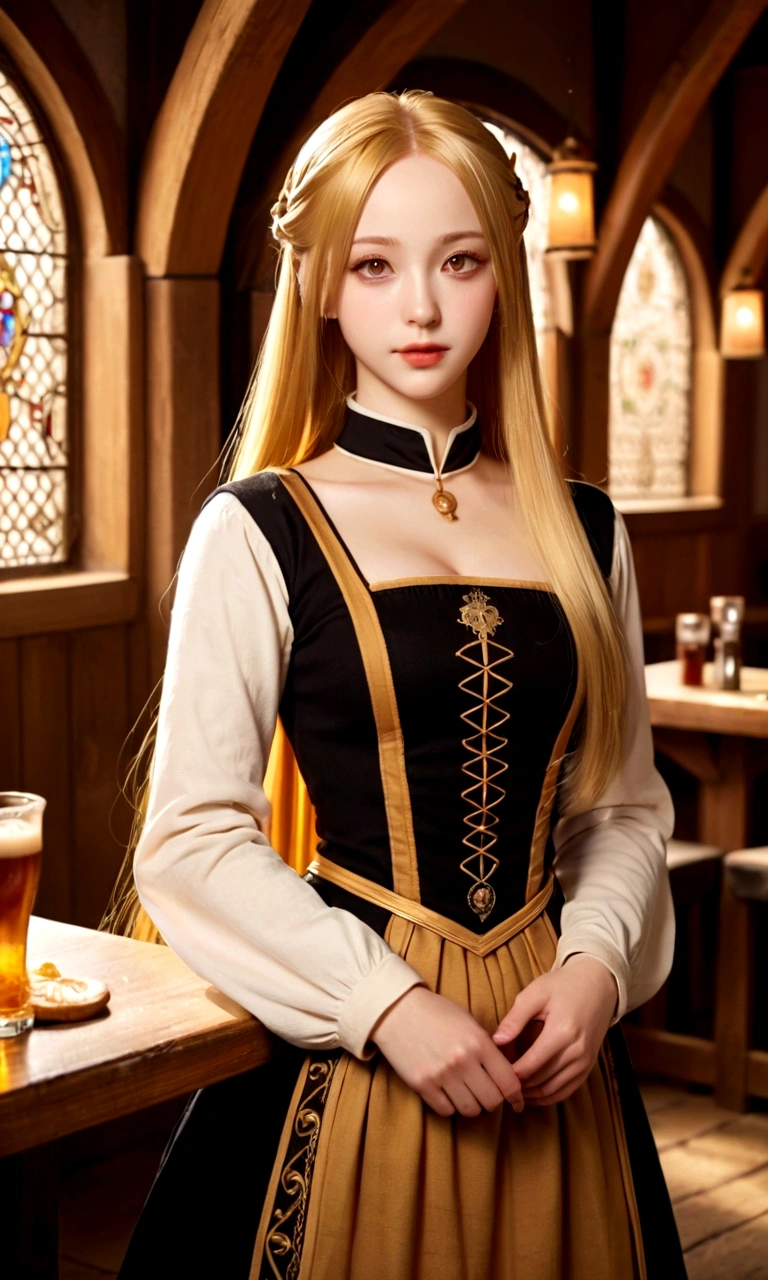 In anime style, spectacular, wonderful vision, very detailed image of a beautiful girl with a large forehead, straight golden hair, small and thick lips, medium bust, wide hips and a sculptural body, delicate, super feminine, she is in a medieval period with medieval clothes, she is a waitress in a tavern, spectacular environment