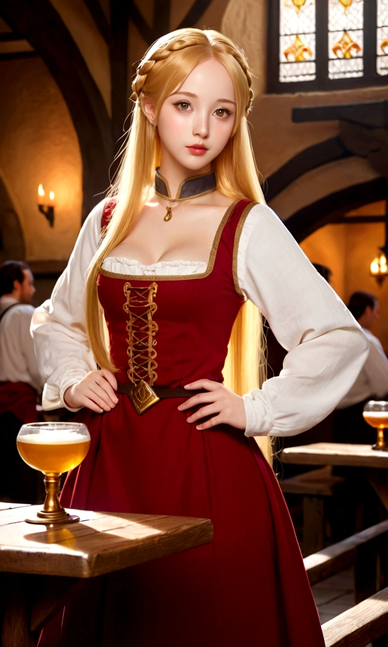 In anime style, spectacular, wonderful vision, very detailed image of a beautiful girl with a large forehead, straight golden hair, small and thick lips, medium bust, wide hips and a sculptural body, delicate, super feminine, she is in a medieval period with medieval clothes, she is a waitress in a tavern, spectacular environment