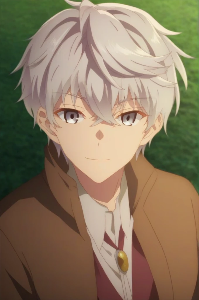 score_9, score_8_up, score_7_up, source_anime, rating_safe, intricate details, , looking at viewer, , 1boy, solo, male focus, lugh_tuatha_de, grey hair, grey eyes, short hair, hair between eyes, bangs, scarecrow costume, Walk in the park, smile