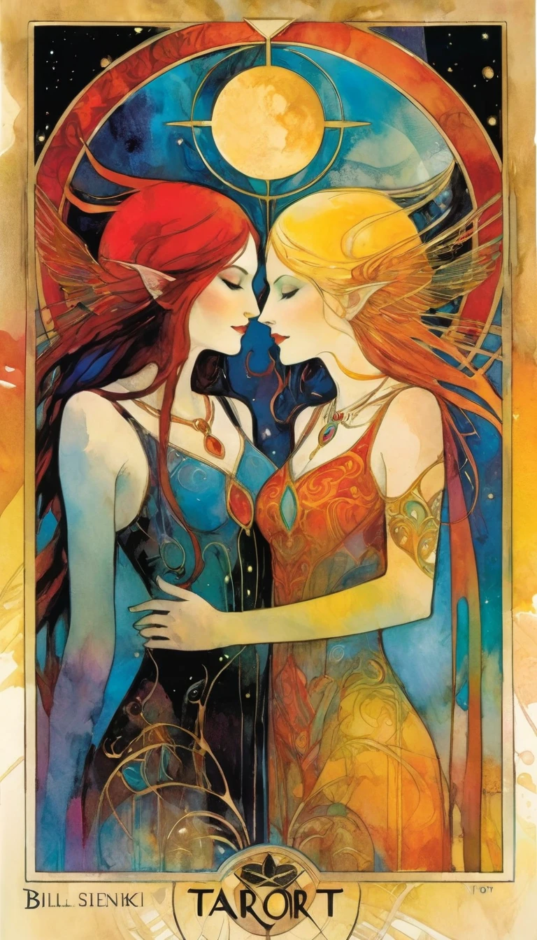 tarot card, THE LOVERS, TAROT CARD STILEartwork artwork by Bill Sienkiewicz, vivid colors, intricate details, oil.
