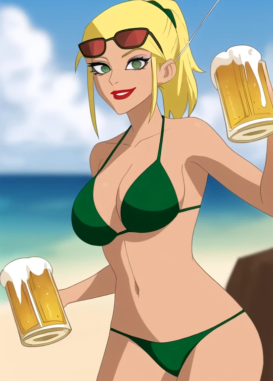 The Spectacular Spider-Man style, masterpiece, best quality, 1girl, solo, sexy, 36-years-old, tan olive skin, short blonde hair, pony tail style, emerald eyes, eyeshadow, mascara, red lipstick, ((Wearing a flossing green bikini and sunglasses)), she’s looking at the camera with a thrilled smile, ((holding a beer can in one hand)),