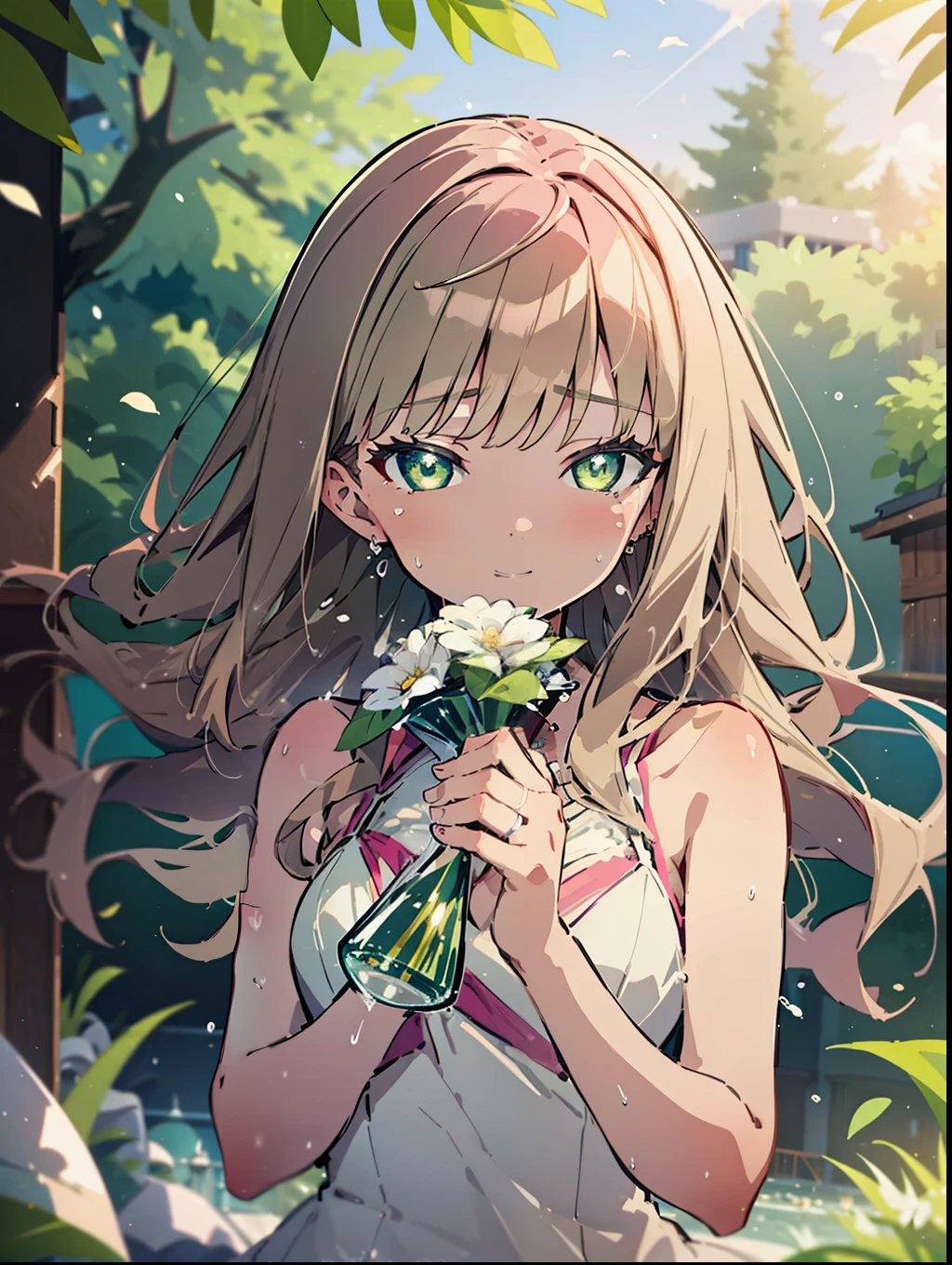 minami yume ,sss Dynazenon ,Long Hair, Brown Hair, (Green Eyes:1.5) ,smile,Wedding dress,Wedding Skirts,holding a large bouquet of flowers in both hands,Tears stream down her face,Tears of joy,I cry a lot,Stand Glass,
break outdoors, Association,Chapel,
break looking at viewer, whole body,
break (masterpiece:1.2), Highest quality, High resolution, unity 8k wallpaper, (shape:0.8), (Beautiful and beautiful eyes:1.6), Highly detailed face, Perfect lighting, Highly detailed CG, (Perfect hands, Perfect Anatomy),