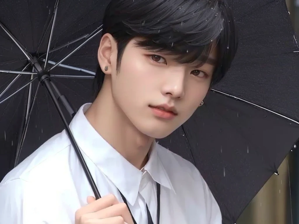 arafed asian woman with black umbrella in rain, Jungkook, adorable and pale korean face, Tae June Kim, Wonbin Lee, Kim Doyoung, hyung tae, cai xukun, inspired by Kun Can, Jinyoung Shin, inspired by Bian Shoumin, Hong Jun Hyung, beautiful chad chin, cute androgynous prince, Ulzzang spacious, Shin Jeongho, effeminate, wonyoung, androgen, rose, jimin
