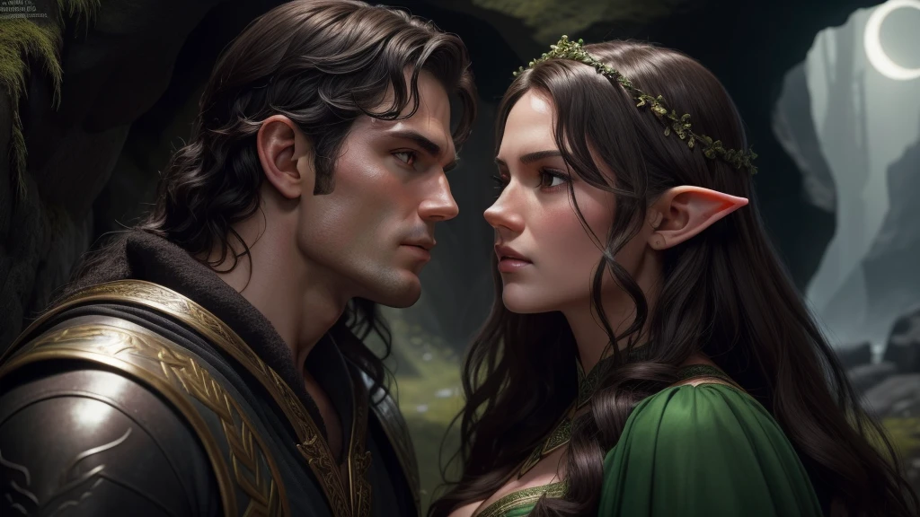 Ultra-detailed, perfect 8k faces, ((hole body,)) Henry Cavill als der Beren, I kiss the beautiful elvin Lúthien with lust and passion in a lit cave, into which the moonlight falls, (human man with dark brown skin color and green eyes and dark hair), (Elf woman with black hair and grey eyes)