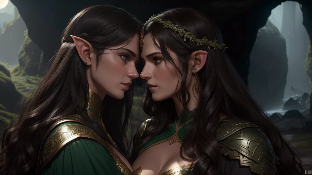 Ultra-detailed, perfect 8k faces, ((hole body,)) Henry Cavill als der Beren, I kiss the beautiful elvin Lúthien with lust and passion in a lit cave, into which the moonlight falls, (human man with dark brown skin color and green eyes and dark hair), (Elf woman with black hair and grey eyes)
