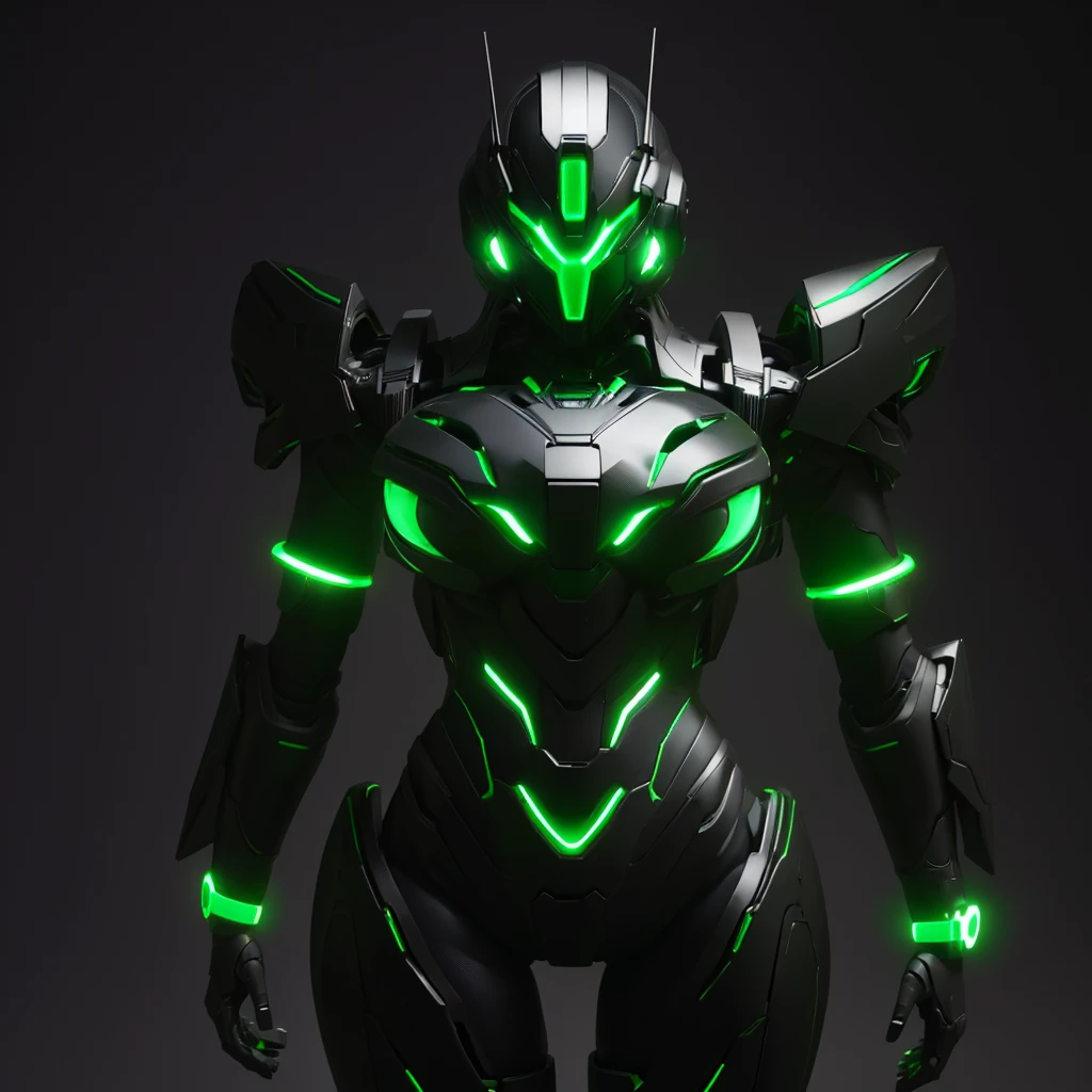Dronificated unknown woman in a fully enclosed black latex fullbody suit with green lights across the suit and heart shaped glowing core in the chest, fully enclosed cyber helmet that cover her whole face and hides her identity with a gundam face, huge breast, narrow waist, wide hips and thick thighs, in a storage facility, no face, no hair, no mouth, no eyes, (masterpiece), (highres) (full body)