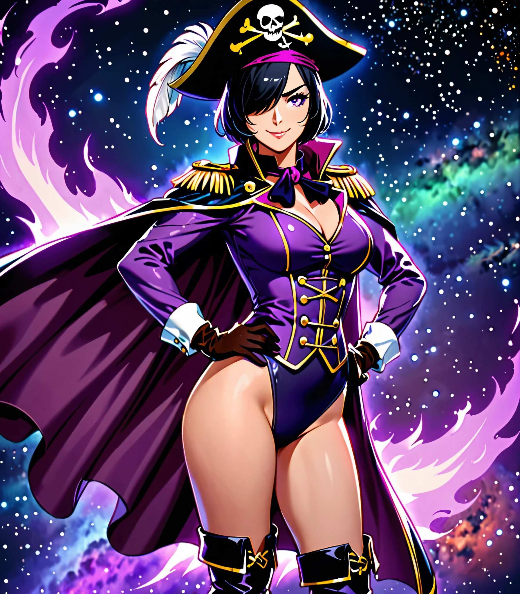 (masterpiece, best quality, high quality, highres:1.4), detailed, extremely detailed, ambient soft lighting, 4K, 1girl, (mature female), (short hair, black hair, hair over one eye:1.3), (purple eyes, confident smirk:1.2), medium breasts, (edgmousquetaire, costume, gloves, cape, boots, pirate, space pirate, matching boots, matching gloves, large hat, purple hat, feather on hat, wearing edgmousquetaire, leotard, purple leotard), hand on hips, confident pose, outer space backdrop, bare legs, (power, aura, purple aura).