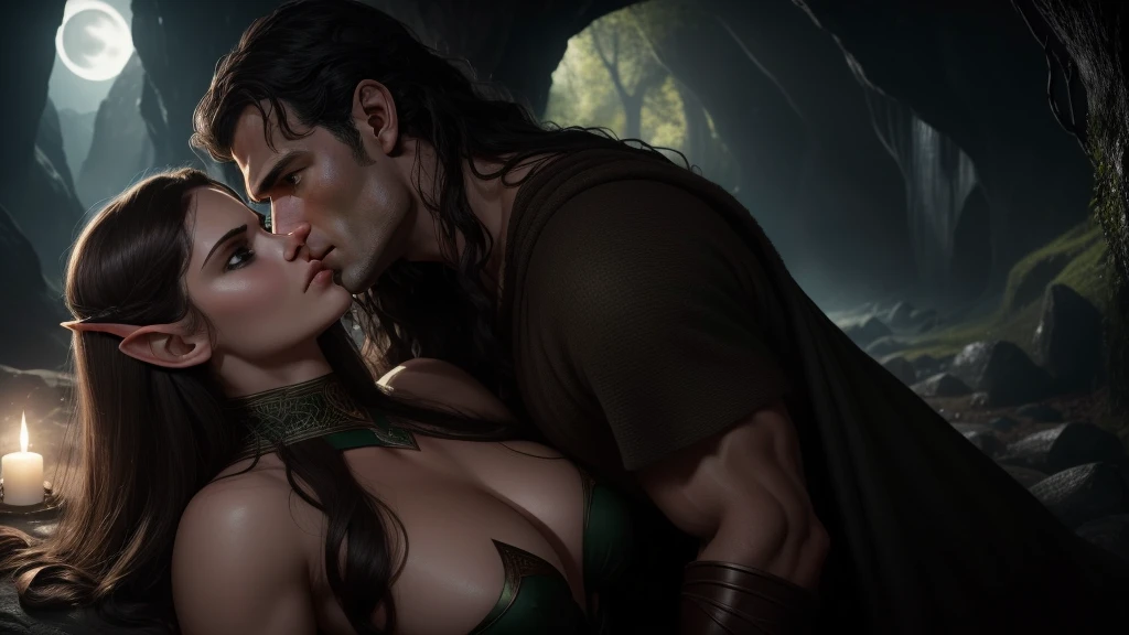 Ultra-detailed, perfect 8k faces, ((hole body,)) Henry Cavill als der Beren, I kiss the beautiful elvin Lúthien with lust and passion in a lit cave, into which the moonlight falls, (human man with dark brown skin color and green eyes and dark hair), (Elf woman with black hair and grey eyes)