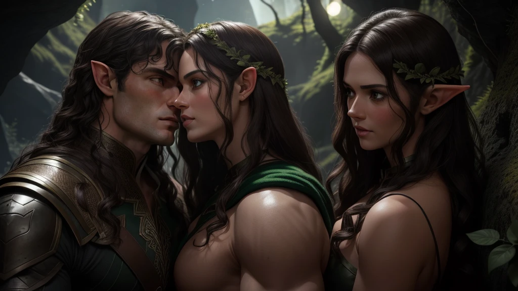 Ultra-detailed, perfect 8k faces, ((hole body,)) Henry Cavill als der Beren,  I kiss the beautiful elvin Lúthien with lust and passion in a lit cave, into which the moonlight falls, (human man with dark brown skin color and green eyes and dark hair), (Elf woman with black hair and grey eyes)