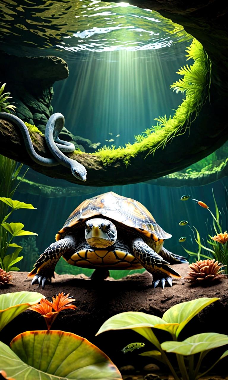 Panorama，There is a creature at the bottom of the river，Birds heads，The body of a turtle and the tail of a snake，Mysterious Creatures, shrike, (best quality，4K，8K，High level，masterpiece：1.2），Ultra Detailed，（lifelike，Photo real，Photo real：1.37），Highly detailed animals，Complex patterns，Realistic lighting，Fantasy Creatures