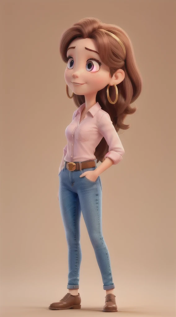 Imagine an animated female character named Aurora Arruda. She is a successful Brazilian businesswoman, around 28 years old, peach skin and slightly pink cheeks. Aurora has big eyes, light brown, expressive and flanked by long eyelashes. . She has a small, rounded nose, and wears medium gold hoop earrings. Aurora displays a friendly smile with medium lips highlighted by discreet pink lipstick. His posture is confident and professional, presenting a product. She wears a blue button-down shirt with sleeves rolled up to the elbow and dark blue high-waisted jeans., complemented by a brown belt with gold buckle. To represent Aurora in different scenarios, keep the essential features of your face and hair consistent. The clothes, accessories and posture must be changed to suit the context, while facial expressions should reflect the desired emotion or action. Profile pictures, standing backwards!
