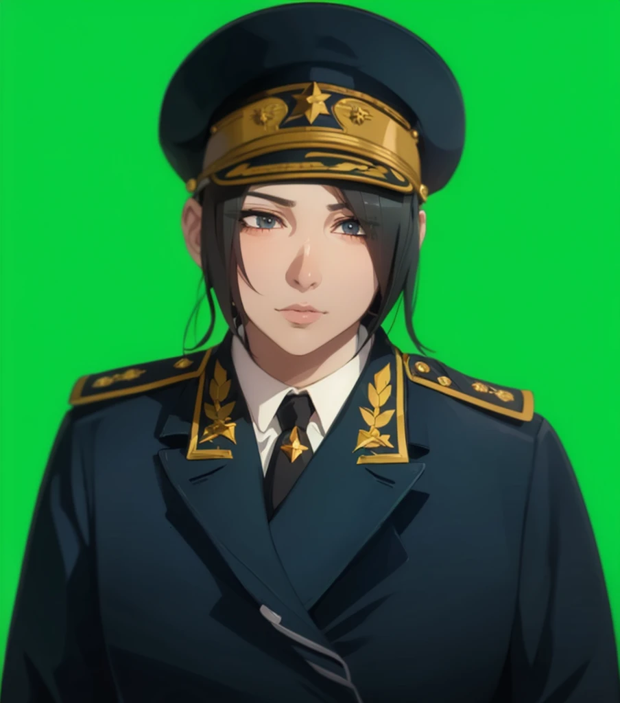 Woman, (1girl:1.3), (exceptional, best aesthetic, new, newest, best quality, anime, waifu:1.2), master piece, best quality, ultra detailed, absurdres, highres, colored, good anatomy, pretty face, grey hair, no beard, no mustache, big breast, sexy, military uniform, peak cap, neck tie, red part on the cap, star insignia on the cap,