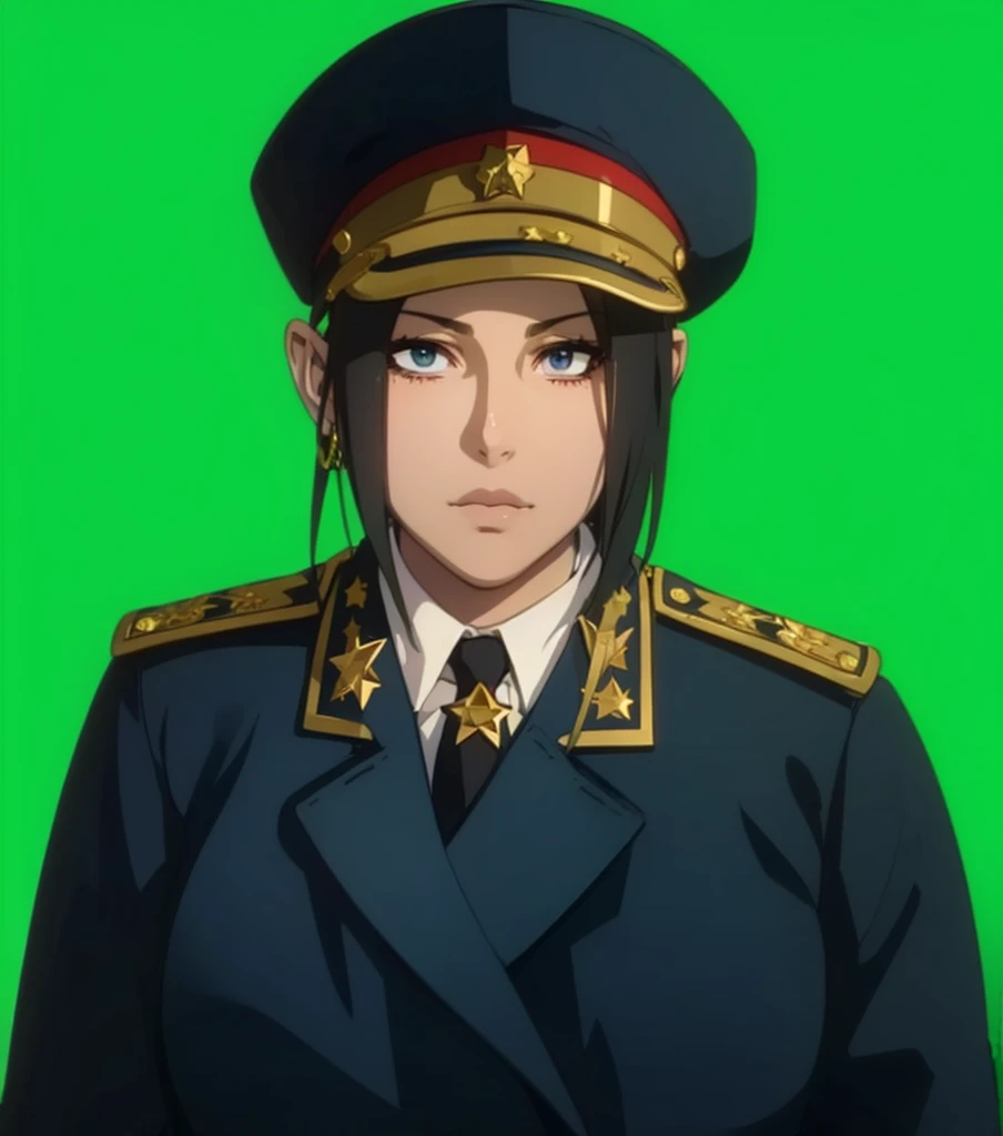 Woman, (1girl:1.3), (exceptional, best aesthetic, new, newest, best quality, anime, waifu:1.2), master piece, best quality, ultra detailed, absurdres, highres, colored, good anatomy, pretty face, grey hair, no beard, no mustache, big breast, sexy, military uniform, peak cap, neck tie, red part on the cap, star insignia on the cap,