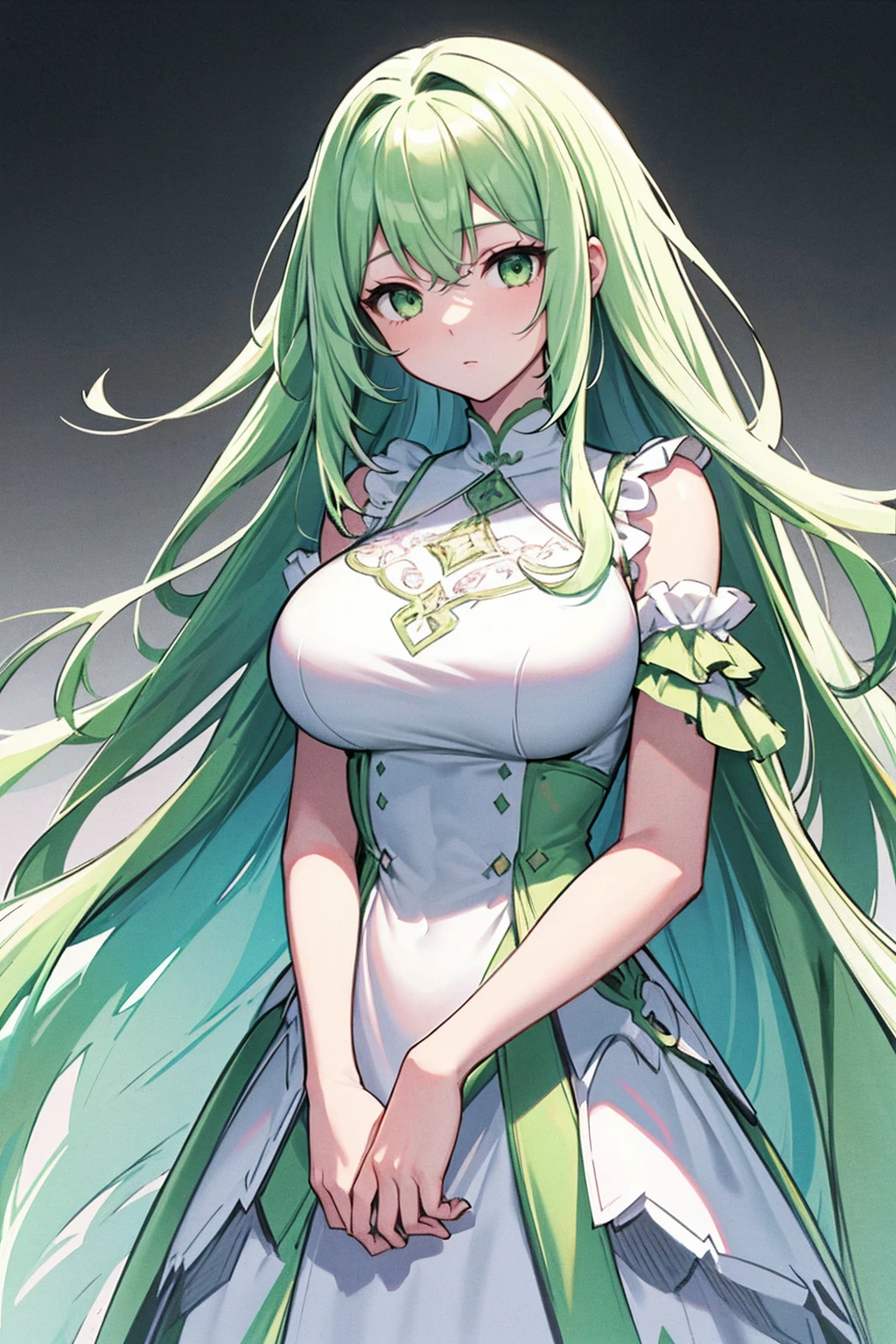 Expressive, score_9, score_8_up, score_9_up, Touhou, masterpiece, high quality, highly detailed, 1girl, kochiya sanae, solo, green hair, long hair, green eyes, long hair, big breasts, blush, round breasts,,,,,, frog hair ornament, hair tubes, snake hair ornament,,,, thin waist, sit on stool, white background,, virgin killer sweater, 
