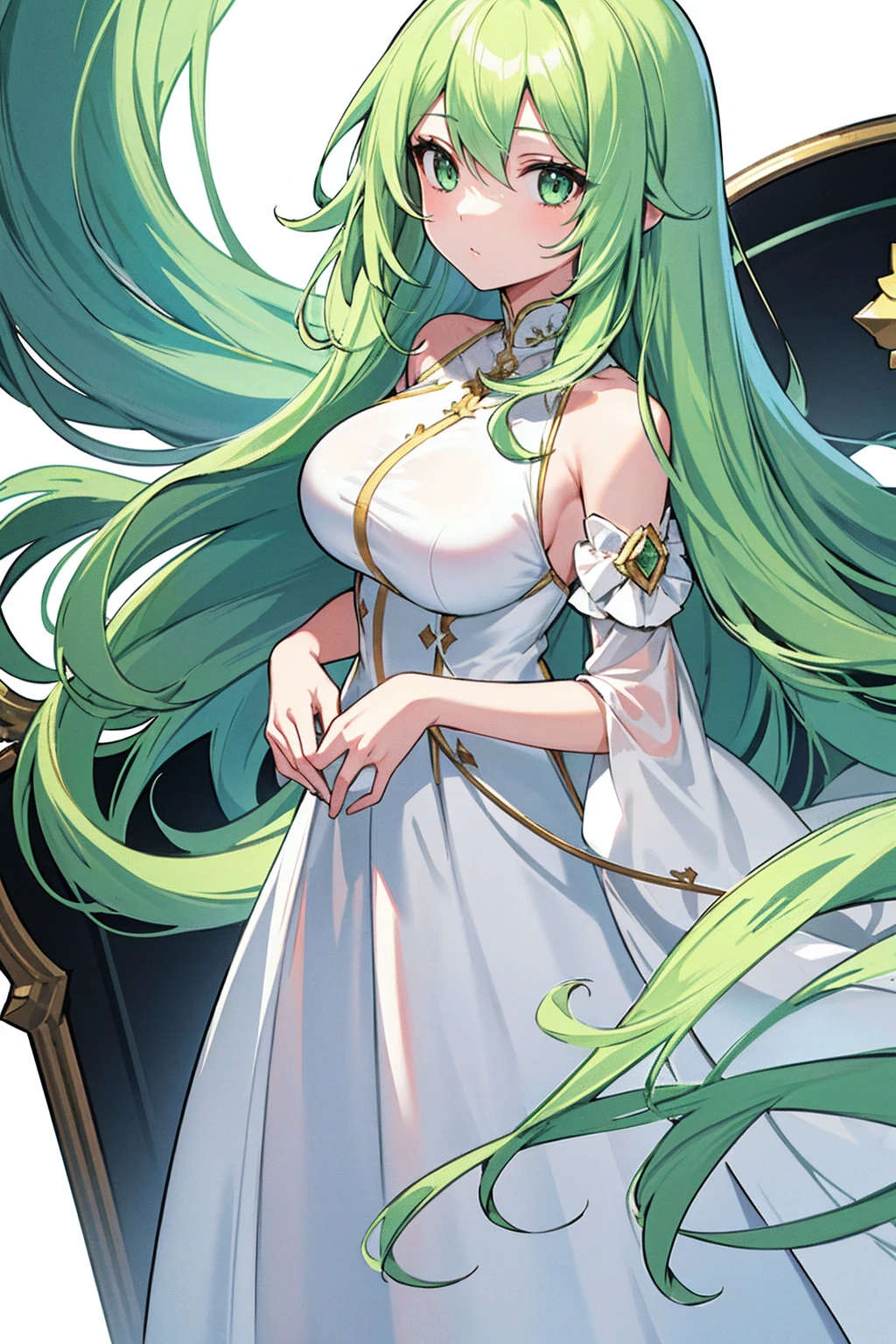 whole body,Standing posture, (alone,Beautifully arranged hair,,Light green hair,Long Hair,) (Super big breasts,Girl,), (beautifully drawn face:1.2) (White dress,) Expressionless,(White background)