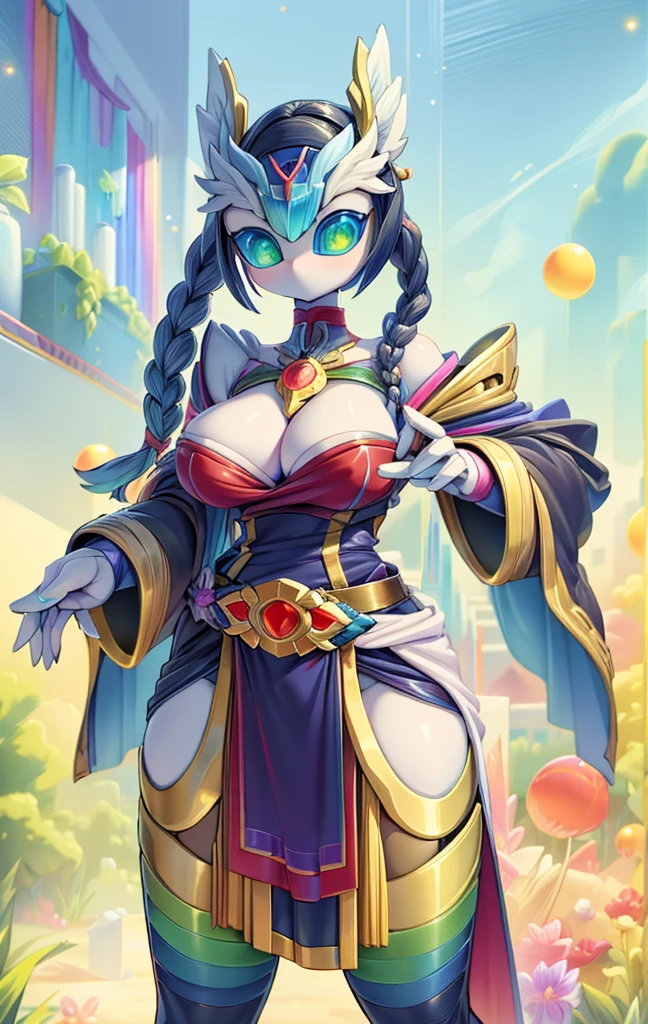 quality\(8K,Extremely detailed CG unit wallpaper, masterpiece,high resolution,top-quality,top-quality real texture skin,Surrealism,提high resolution,RAW photos,Best quality,Very detailed,,light,Ray Tracing,Golden Ratio\),Mechanical Girl,Doll girl,Glowing eyes,Doll eyes,matriarchal,braid,垂在胸侧的braid,mature body,Mature system,cloak,小cloak,小cloak,bandeau outfit,Off-shoulder dress,Strapless dress style,cute,gentle,gentle,kindliness,Slender figure,Close-up above the waist,Big breasts,Big Tits,belt,机械belt,Tights,Tights,宝石belt,宝石belt,White skin,White underwear,袍子front swing,front swing,Gradient over-the-knee socks,Nude Apron,Rainbow gradient color,Gradient color arm guard,Rainbow gradient sleeves