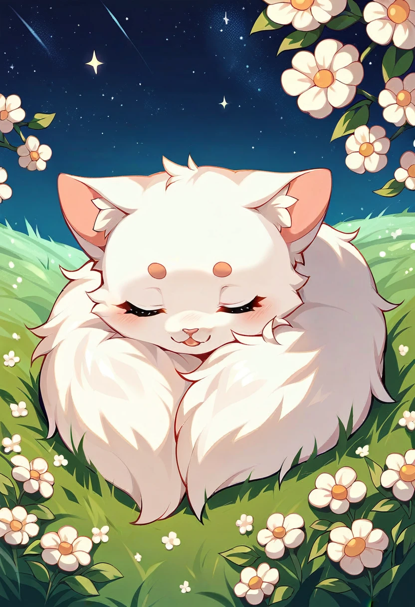 Cute white cat、Fluffy、Sleeping in a flower field、Starry sky in the background、Fantasy art、16:9、Digital Art